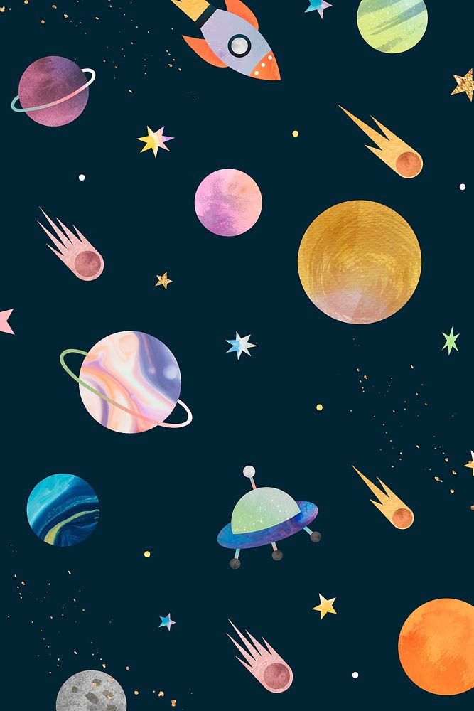 Colorful galaxy watercolor doodle on black background vector