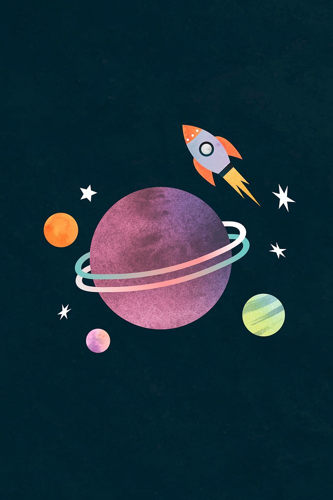 Colorful galaxy watercolor doodle with a rocket on black background vector