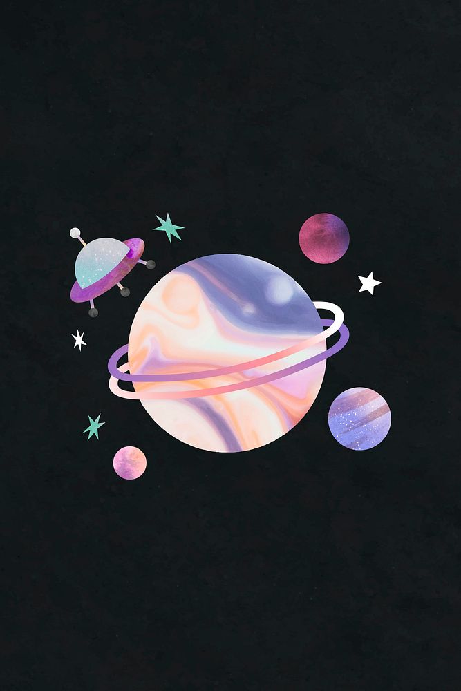 Colorful galaxy watercolor doodle with an UFO on black background vector