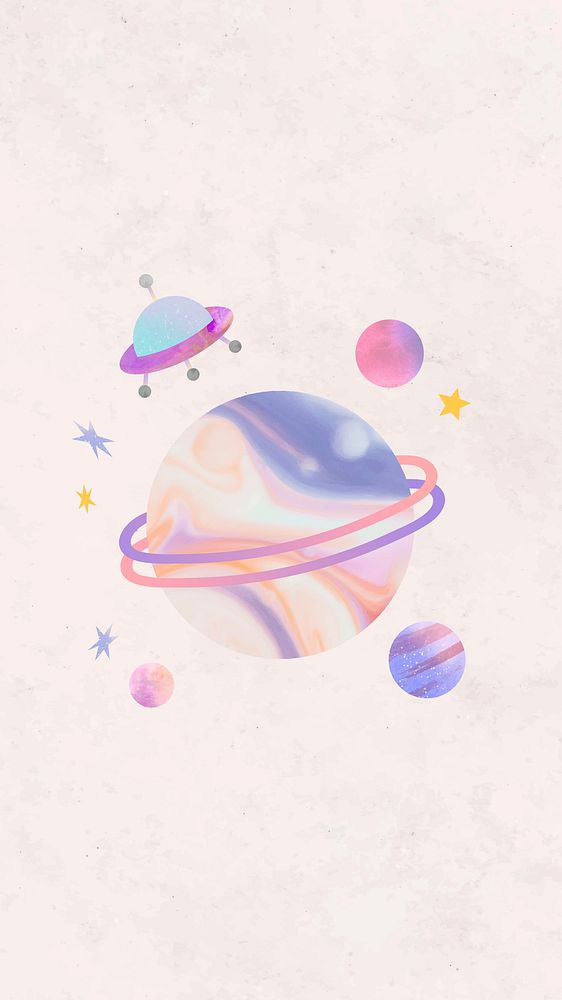 Colorful galaxy watercolor doodle with an UFO on pastel background mobile phone wallpaper vector