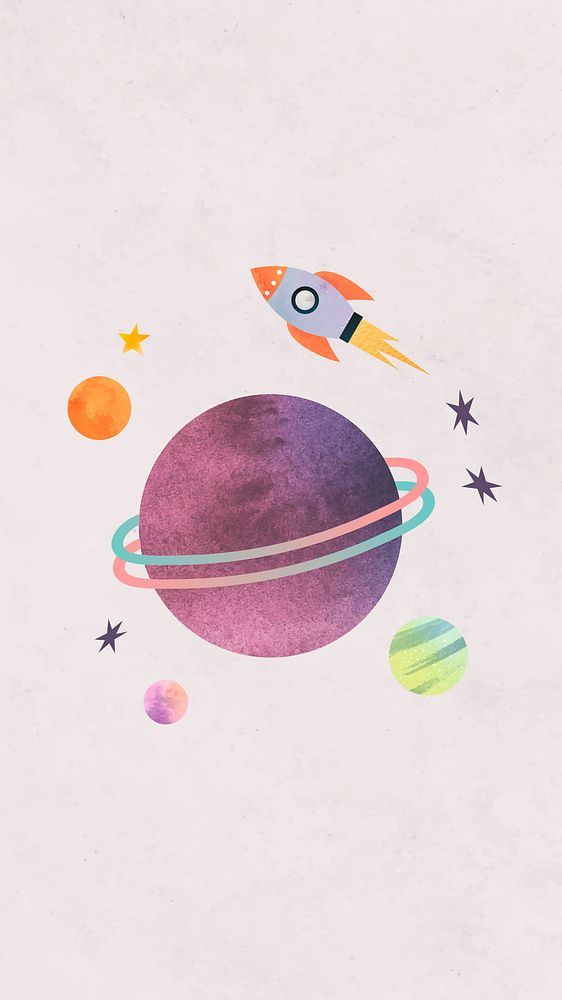 Colorful galaxy watercolor doodle with a rocket on pastel background mobile phone wallpaper vector