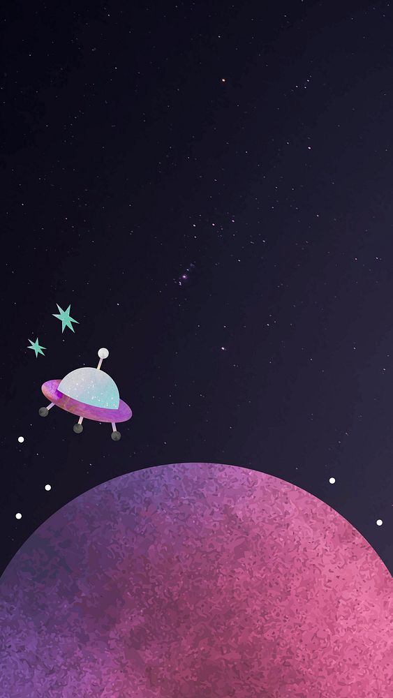 Colorful space watercolor doodle with an UFO on black background mobile phone wallpaper vector