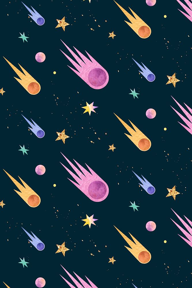 Colorful galaxy watercolor doodle with comets on black background vector