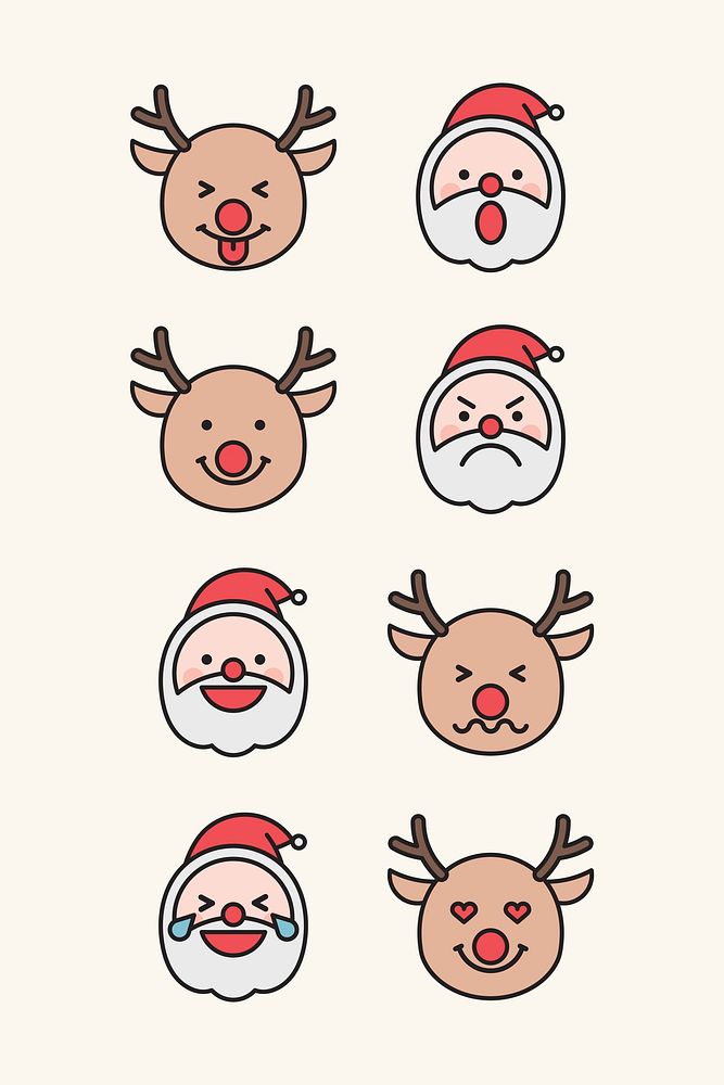 Santa and Rudolph reindeer emoticon set isolated on beige background vector