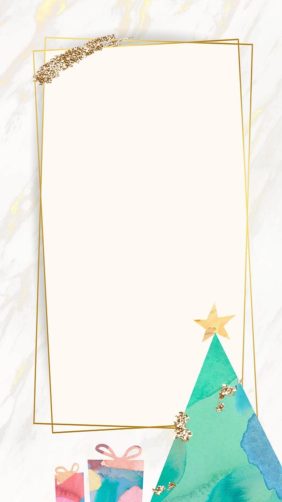 Gold frame with Christmas tree pattern mobile phone wallpaper vector