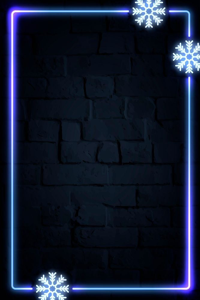 Rectangle neon frame design with snowflakes on a dark brick wall vector