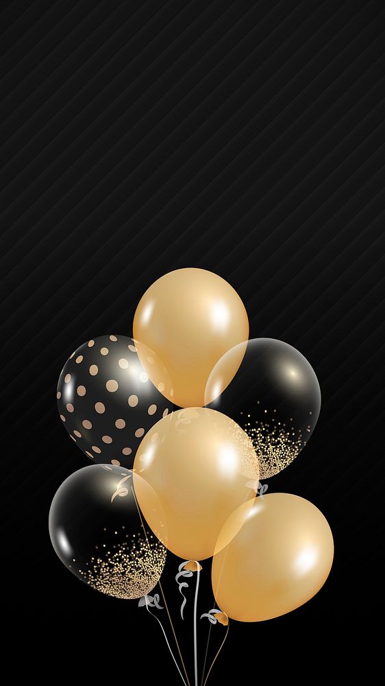 Festive golden black balloons in black wallpaper
