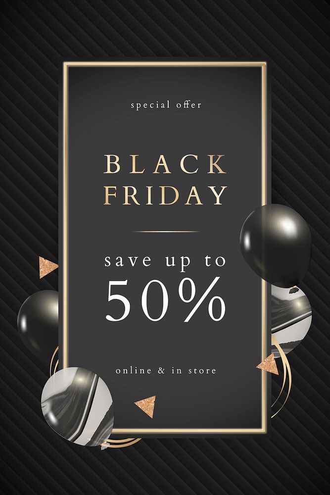 50% sale sign with black marble balloons and frame vector