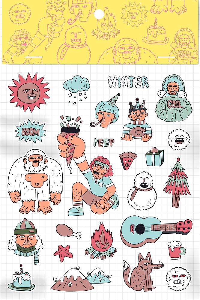 Hand drawn winter character stickers collection vector