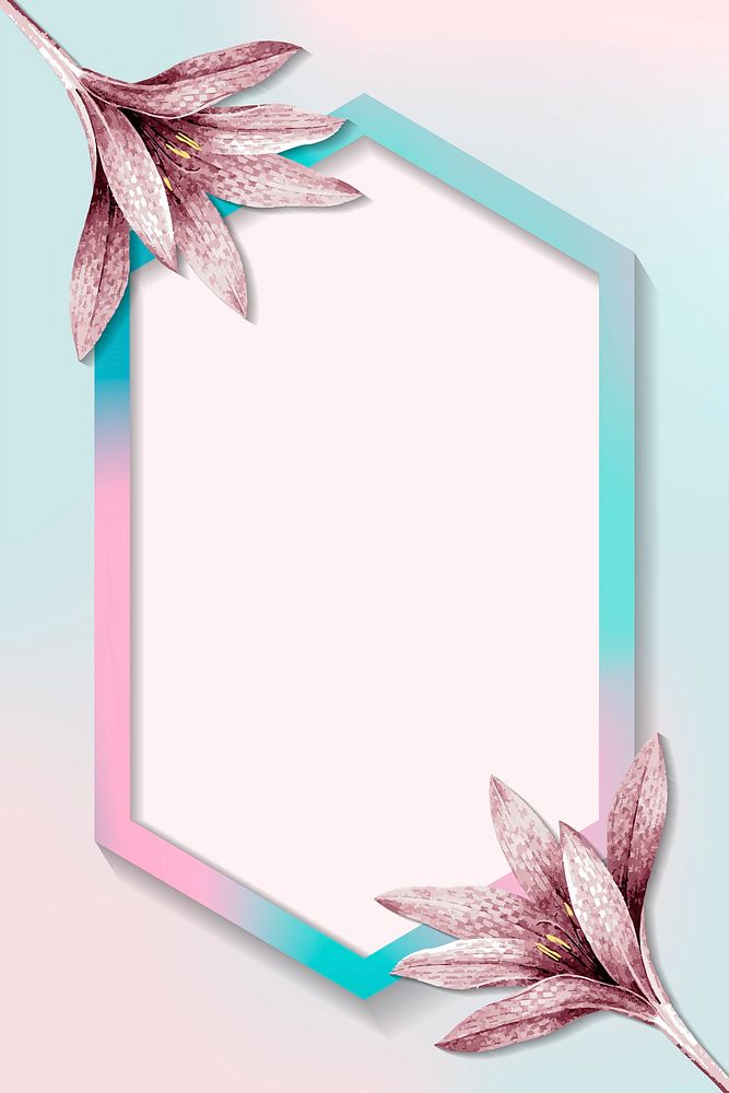Hexagon frame with pink amaryllis pattern vector