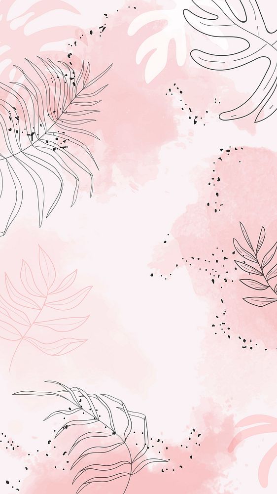 Pink leafy watercolor mobile phone wallpaper vector