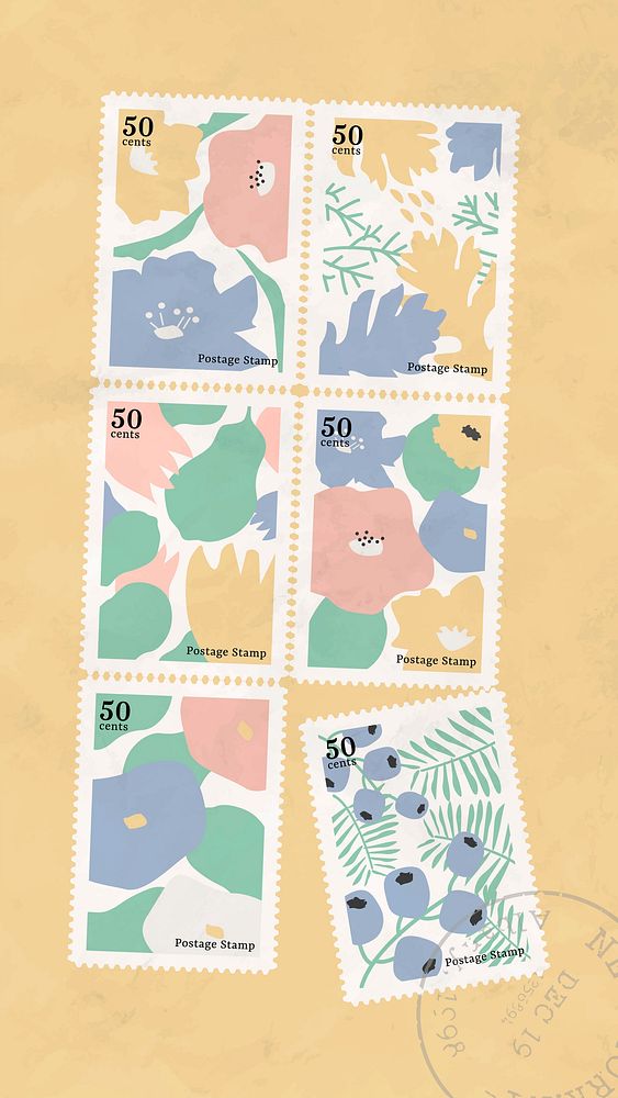 Botanical stamp collection mobile phone wallpaper vector