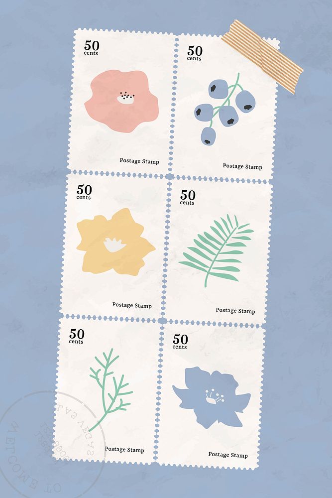 Botanical stamp collection on blue background vector
