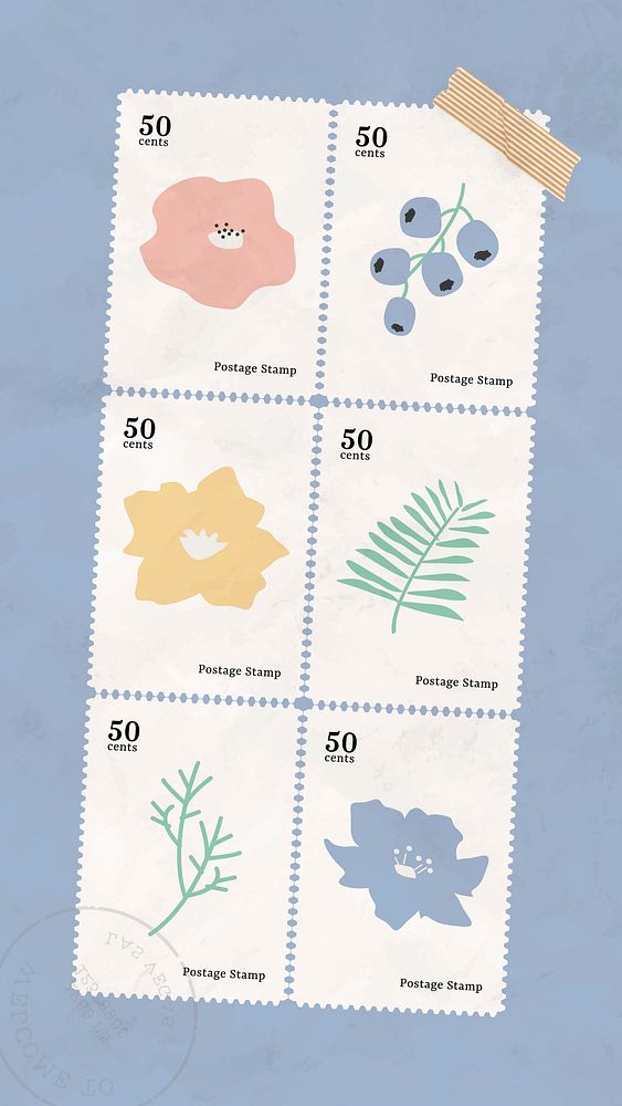 Botanical stamp collection mobile phone wallpaper vector
