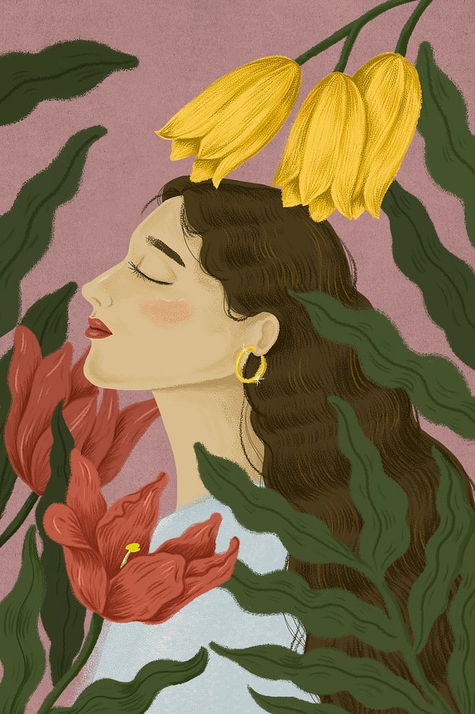 Beautiful woman surrounded by nature illustration