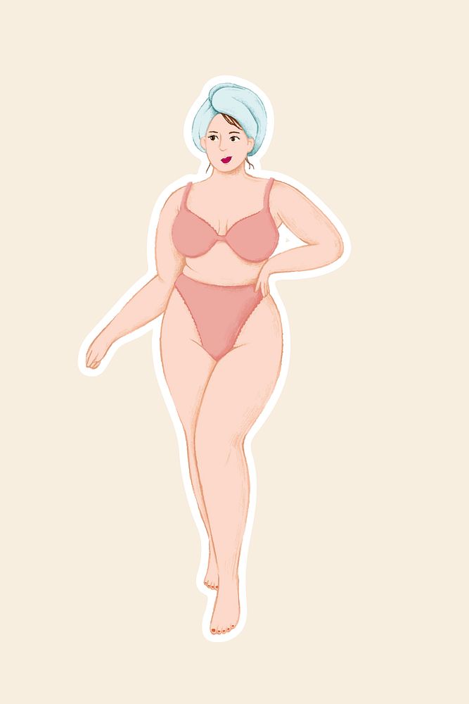 Happy plus size girl with hair wrap towel in a lingerie vector