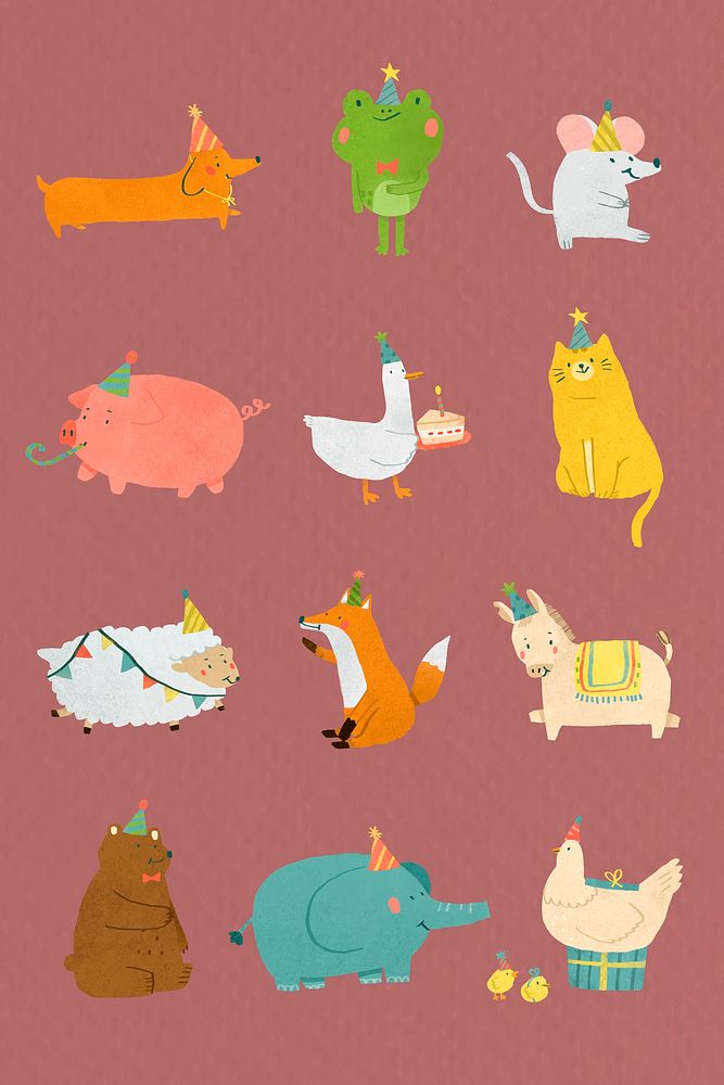 Festive animals doodle element set vector