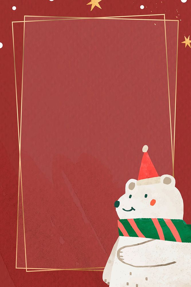 Christmas white bear doodle with gold frame vector