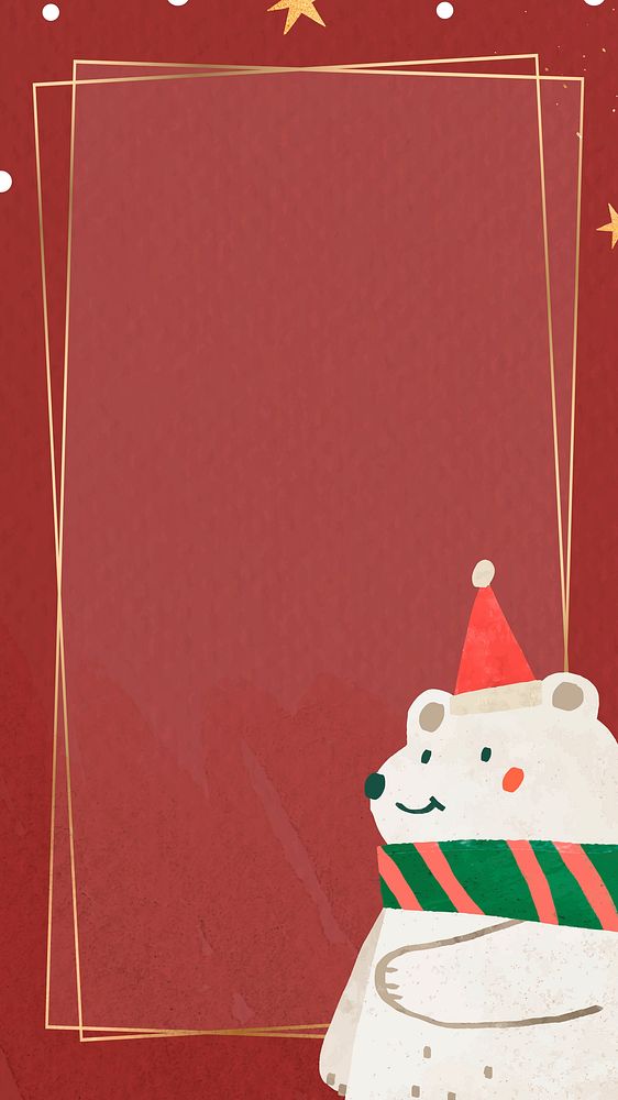 Christmas white bear doodle with gold frame mobile phone wallpaper vector