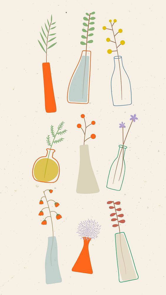 Colorful doodle flowers in vases on beige background mobile phone wallpaper vector