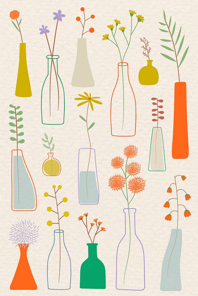 Colorful doodle flowers in vases on beige background vector