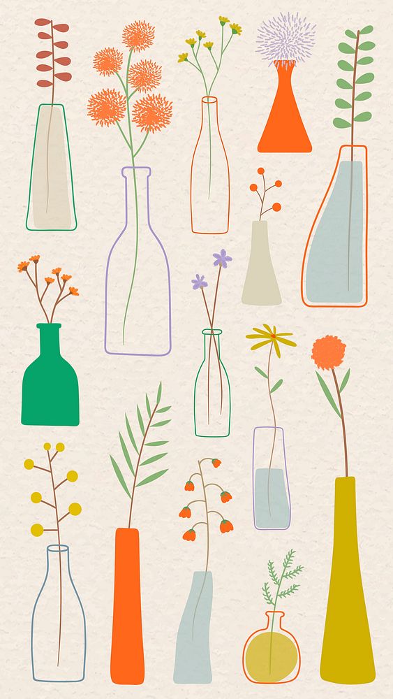 Colorful doodle flowers in vases on beige background mobile phone wallpaper vector