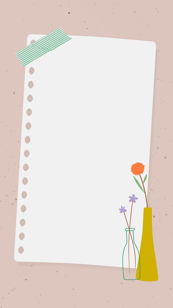 Doodle flowers in vases note paper on pink background mobile phone wallpaper vector