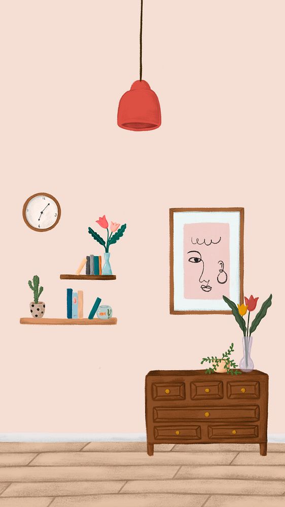 Wooden cabinet in a peach pink room mobile phone wallpaper sketch style vector