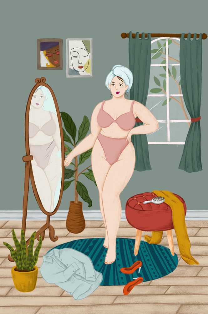 Girl in her underwear standing in front of a mirror sketch style illustration