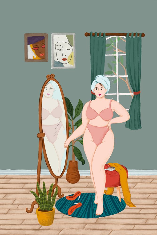 Girl in her underwear standing in front of a mirror sketch style vector