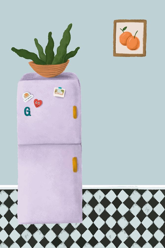Purple fridge in a blue kitchen sketch style vector