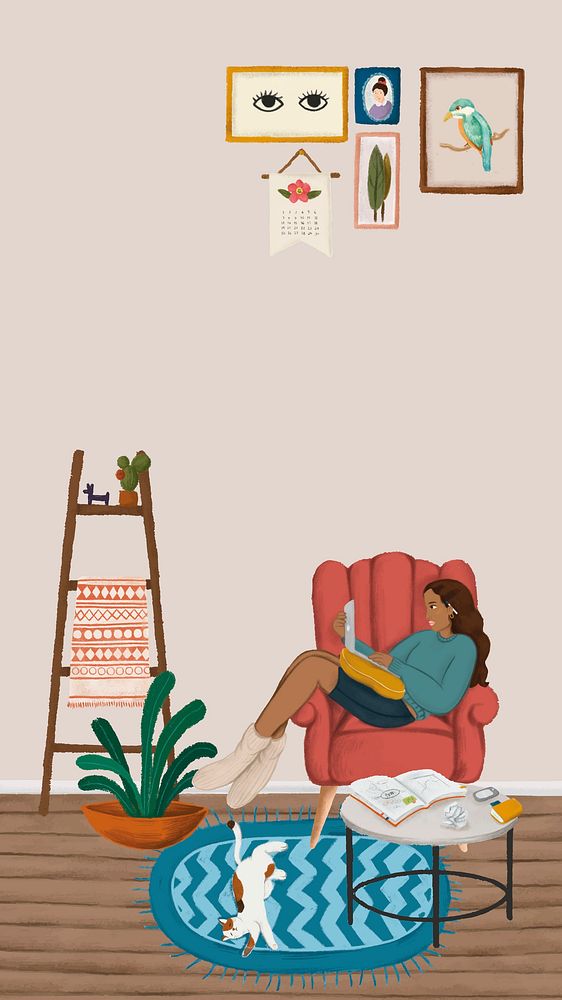 Girl using a laptop on a red couch sketch style mobile phone wallpaper vector