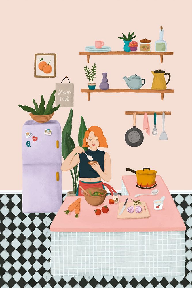 Girl cooking in a kitchen sketch style vector