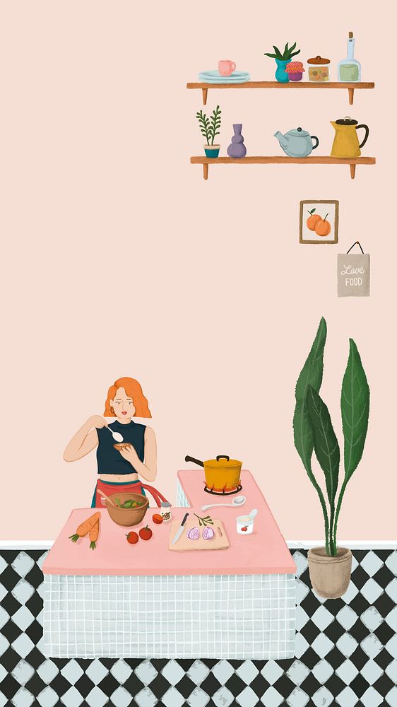 Girl cooking in a kitchen sketch style mobile phone wallpaper vector