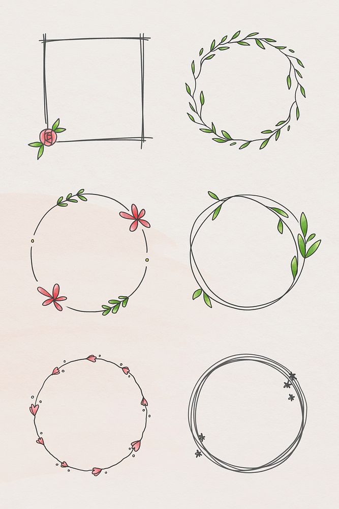 Doodle floral wreath set on beige background illustration mockup