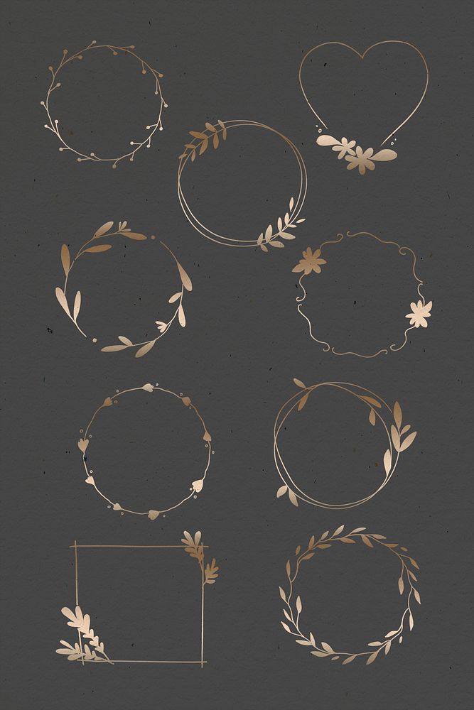 Golden leafy frame set on black background illustration mockup