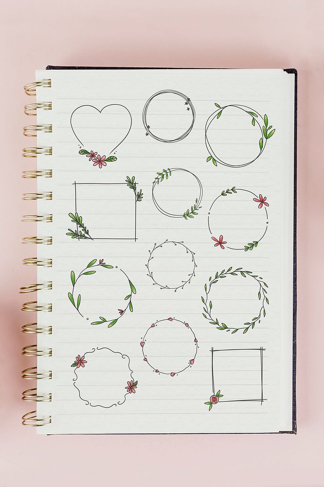 Botanical wreath set drawn in a notebook mockup