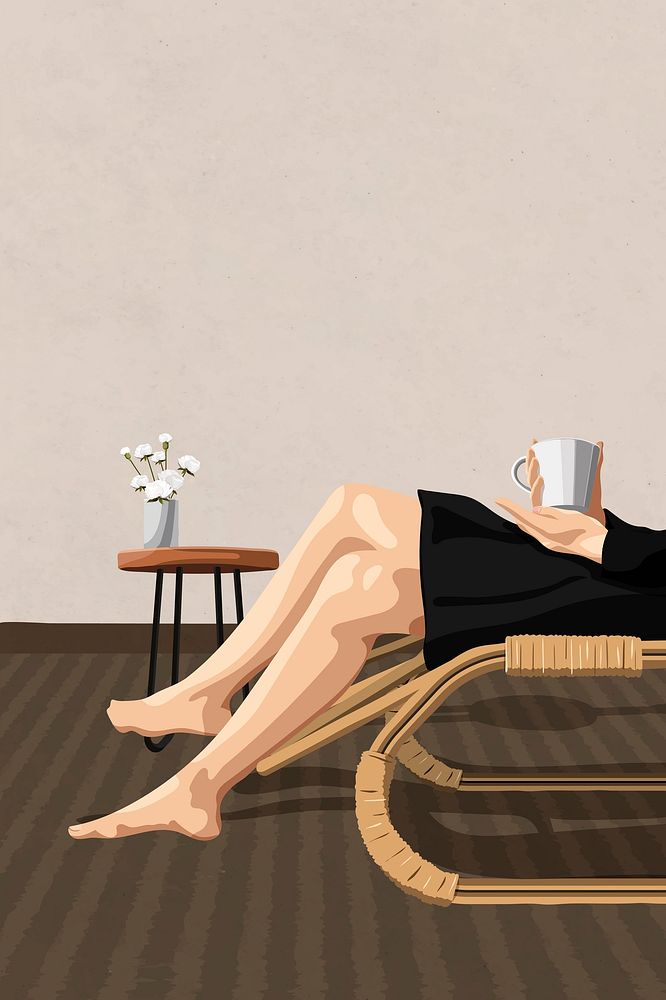 Woman sitting on a woven chair with a cup of coffee in her hands vector