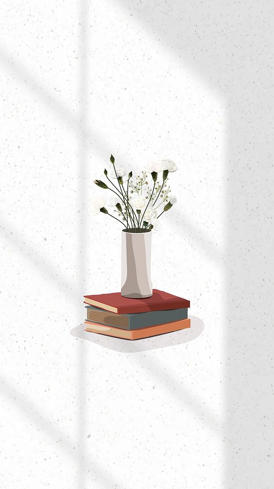 White carnations in a vase on a stack of books mobile phone wallpaper vector