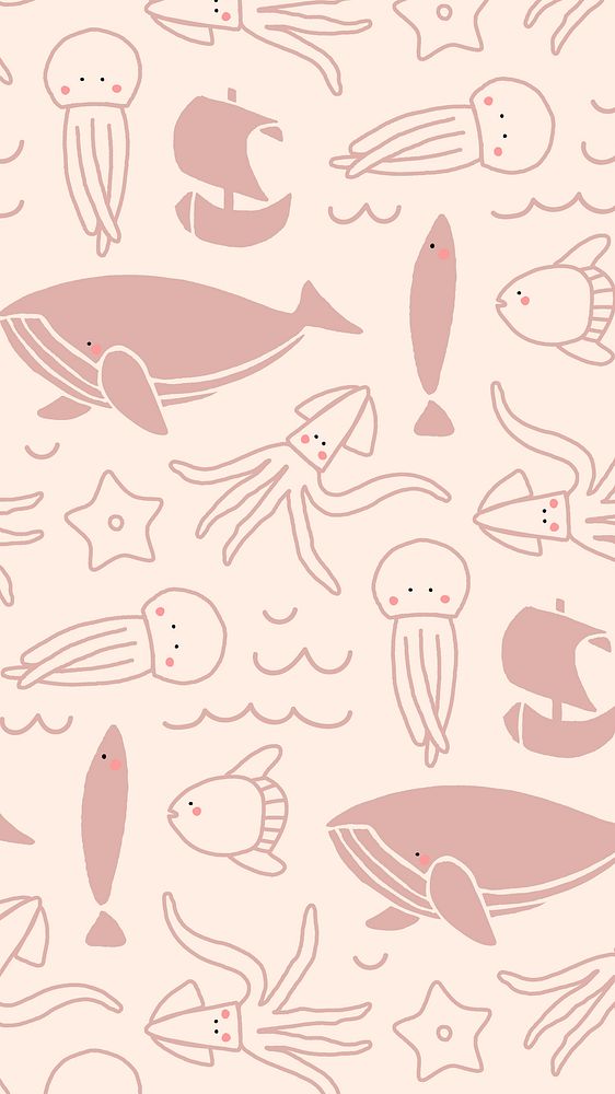 Cute pink phone wallpaper, ocean cartoons doodles