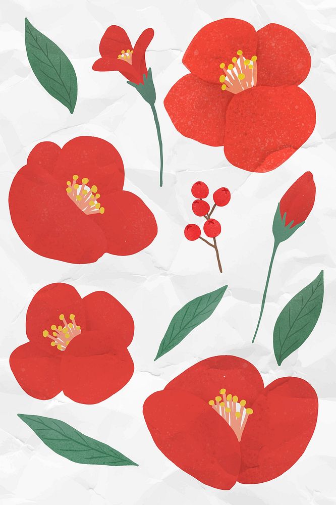 Red flower element set on a crumpled white paper background vector