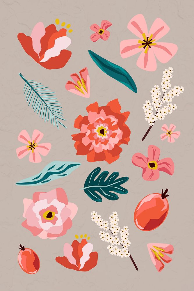 Pink flowers and leaves element set on a beige background evctor