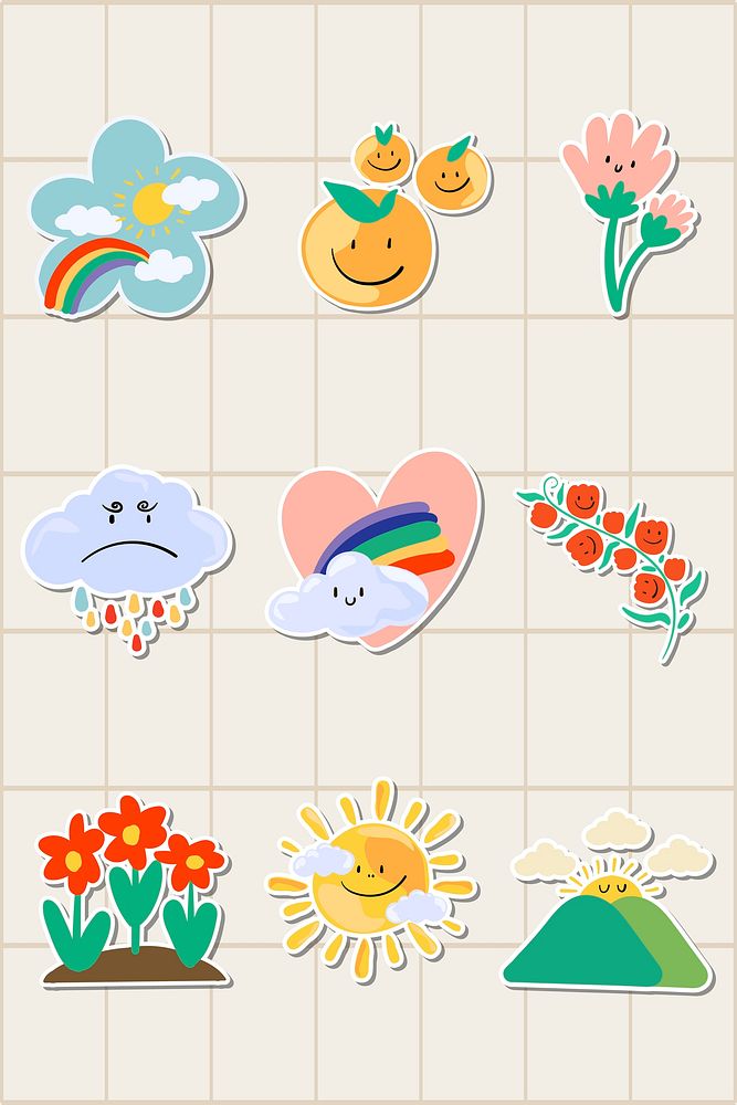 Cute natural doodle sticker set on a grid background vector