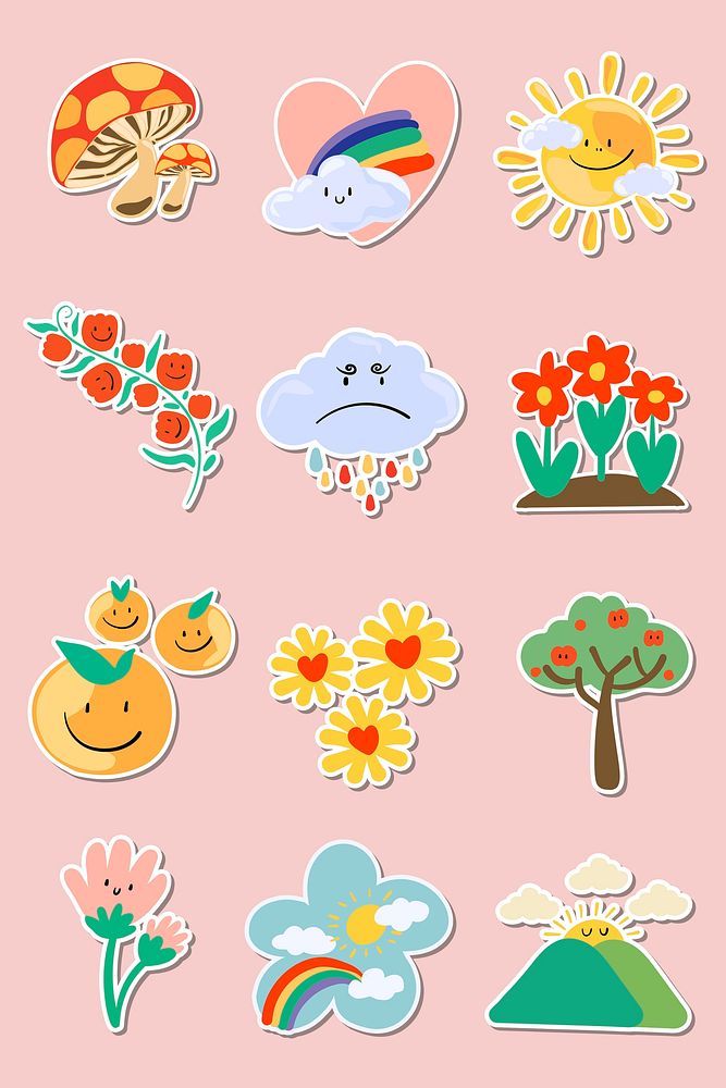 Cute natural doodle sticker set on a pink background illustration