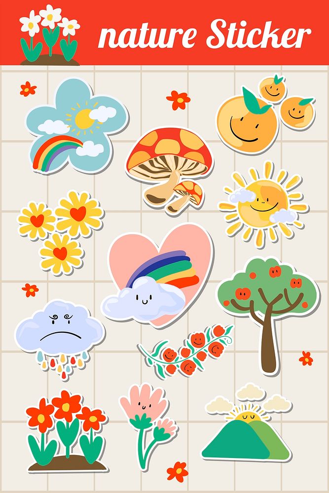 Cute natural doodle sticker set on a grid background illustration