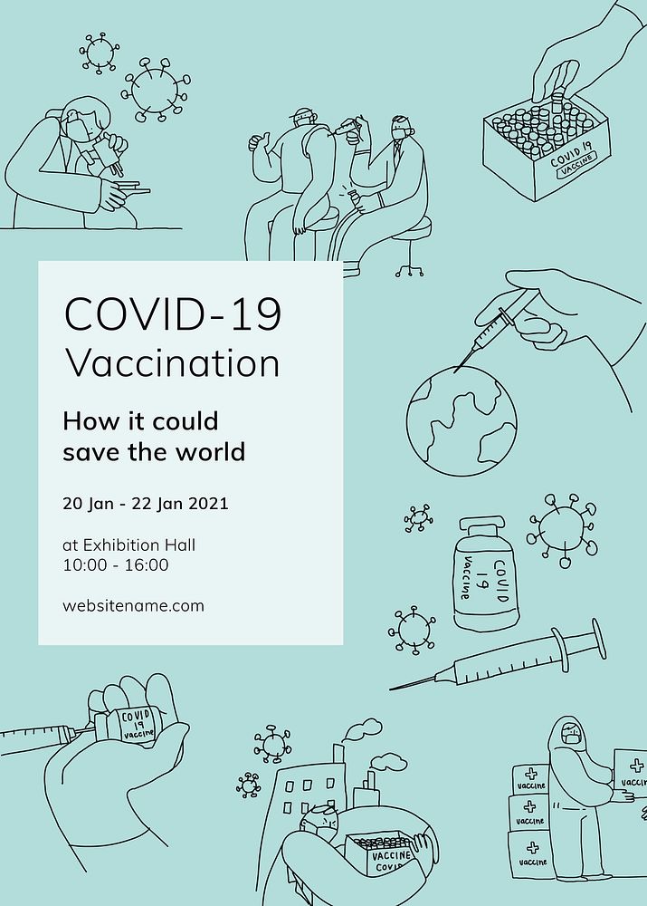 Covid 19 editable template psd vaccine study poster doodle illustration