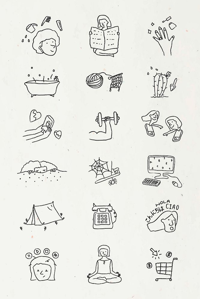 Activities at home doodle style vector set