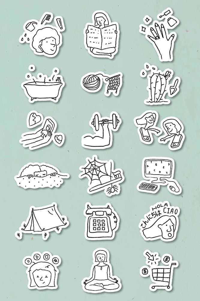 Activities at home doodle style sticker vector set