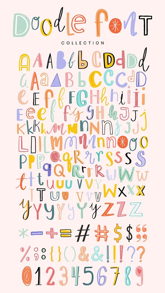 Alphabets, punctuations and numbers doodle fonts vector set