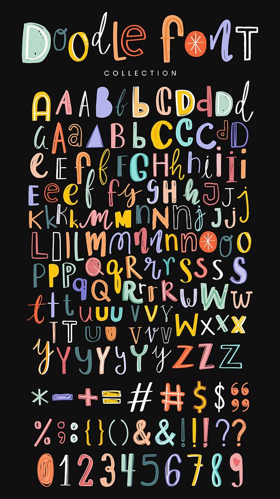 Alphabets, punctuations and numbers doodle fonts vector set